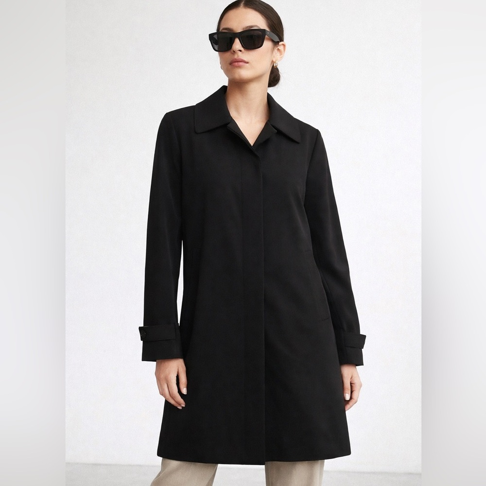 Jones New York Petite Black Trench Coat M Hidden Button Car Coat Lined
